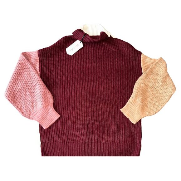 Vine & Love Sweaters - Vine & Love Burgundy Pink Tan Cream Chunky Knit Oversized Sweater Turtleneck